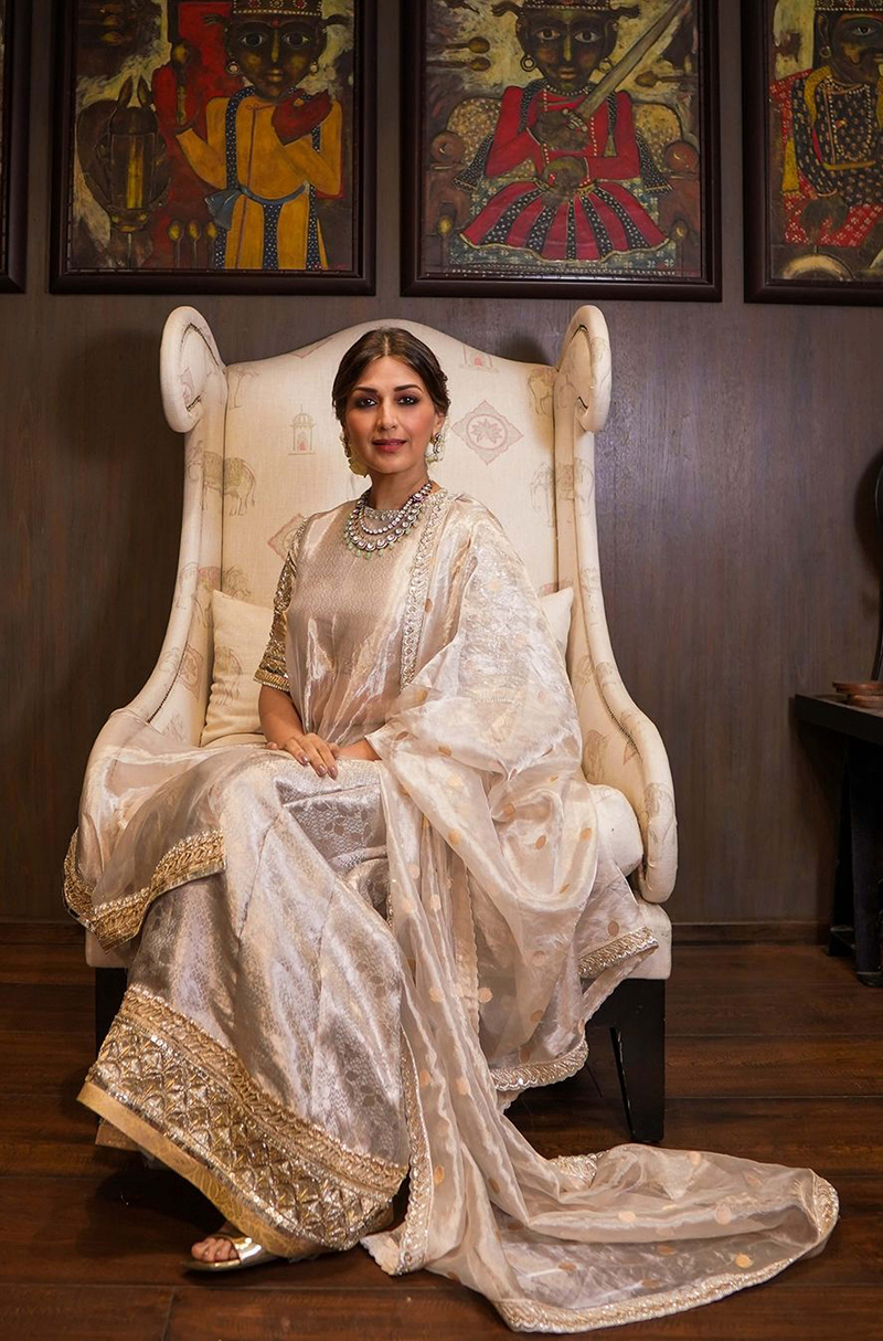 Sonali Bendre in our Silver Tissue Embroidered Kurta with Sharara Set