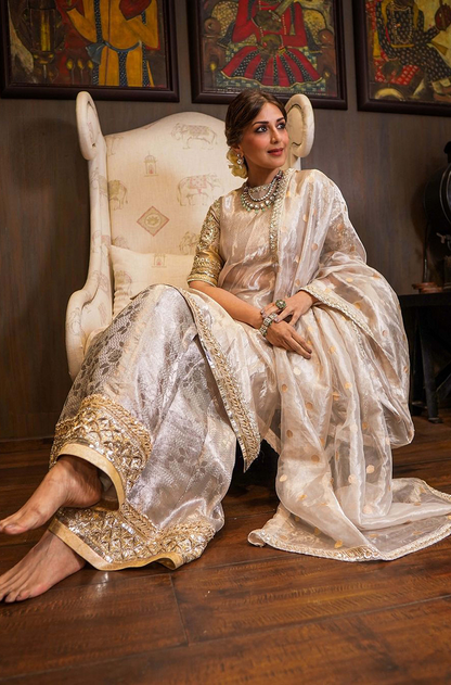 Sonali Bendre in our Silver Tissue Embroidered Kurta with Sharara Set