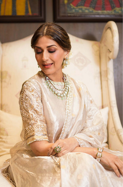 Sonali Bendre in our Silver Tissue Embroidered Kurta with Sharara Set