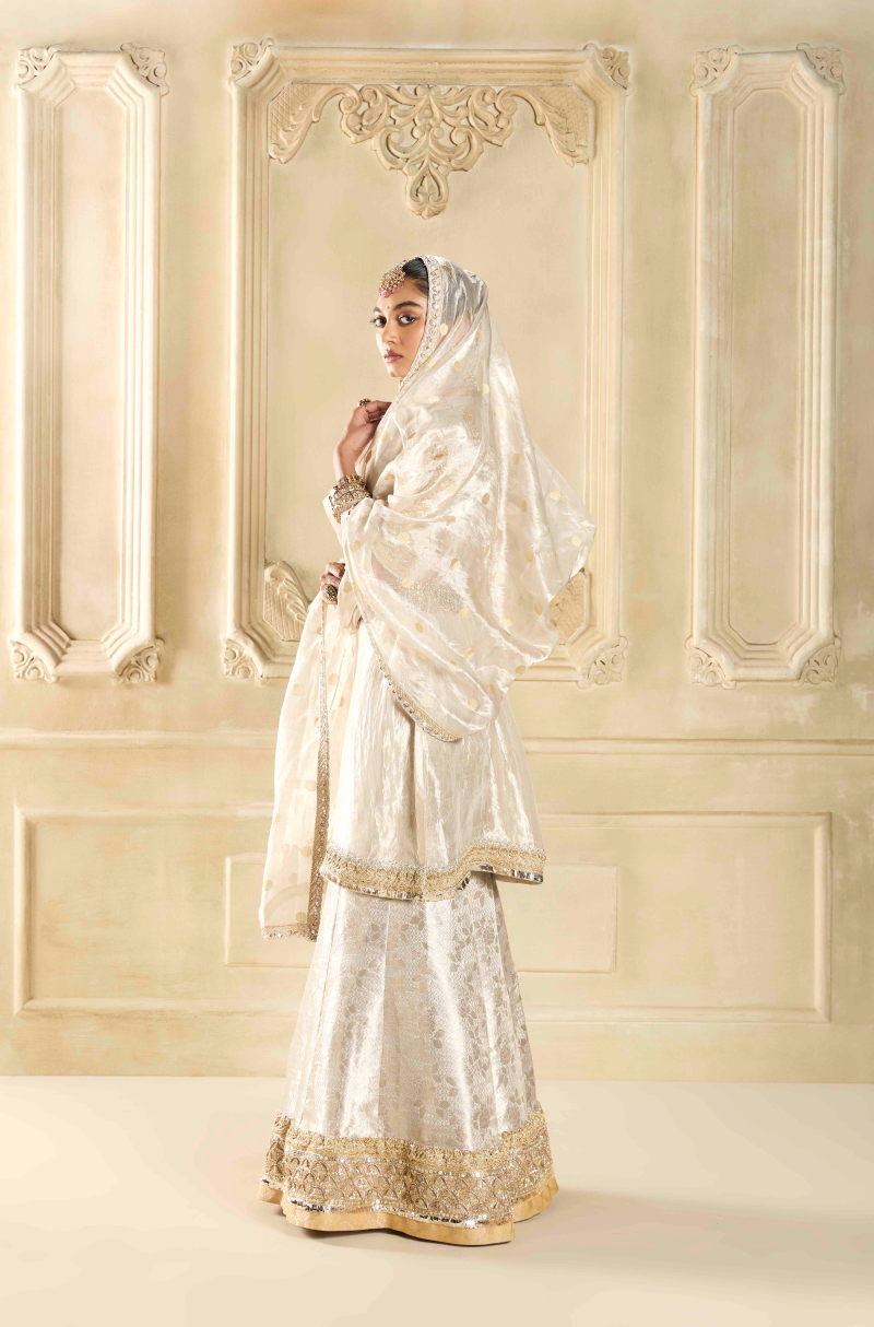 Silver Tissue Embroidered Kurta with Sharara Set