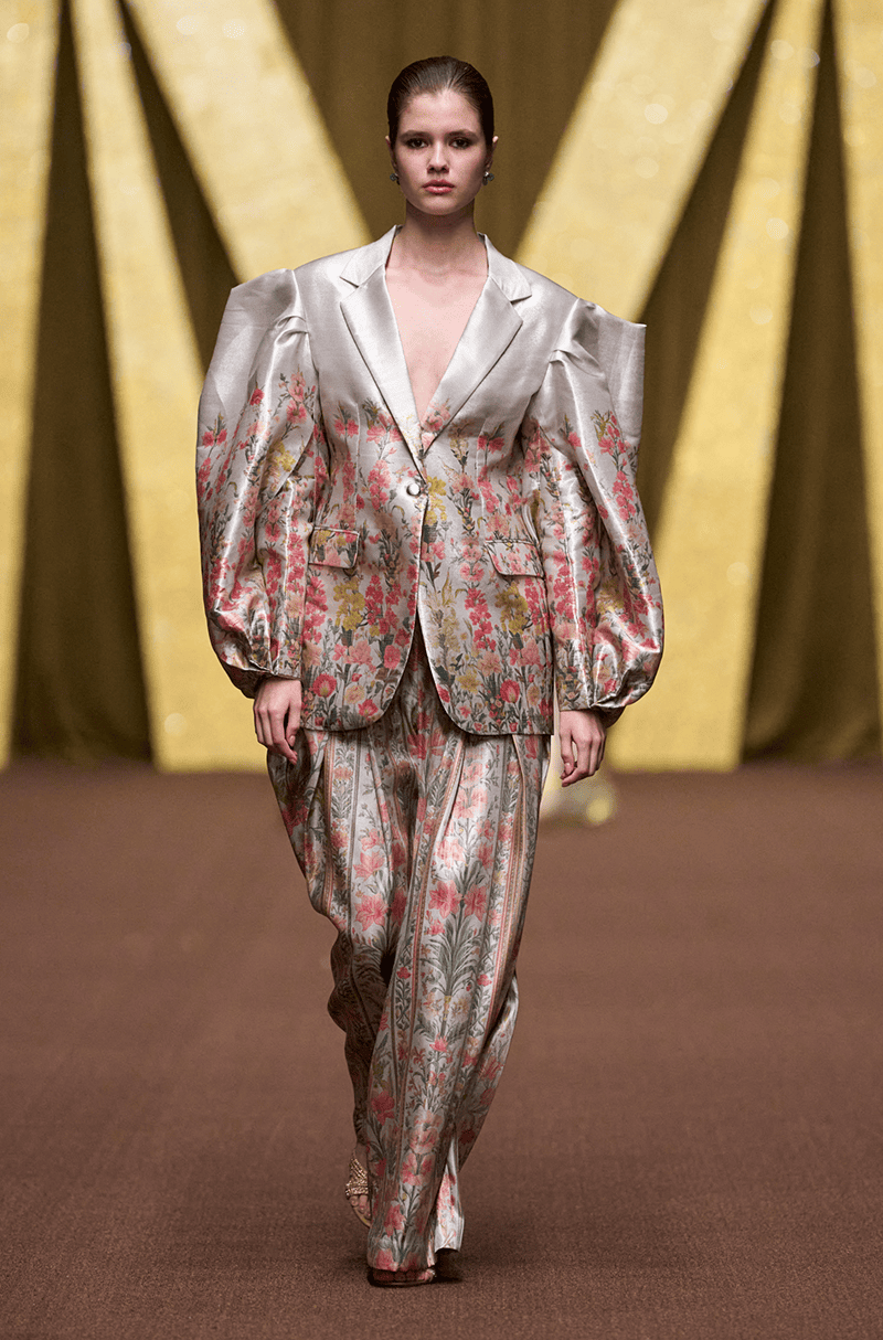 Grey Floral Printed Tissue Blazer Set