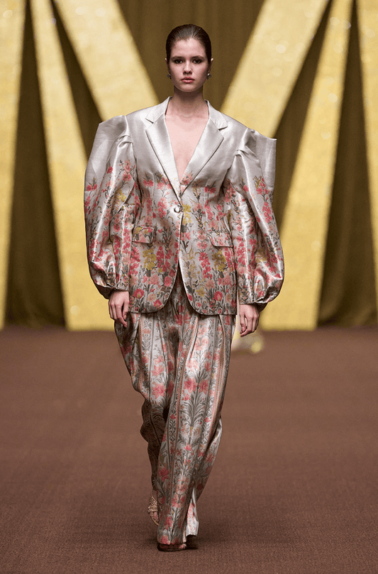 Grey Floral Printed Tissue Blazer Set