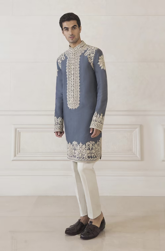 Steel Grey- Blue Two Tone Spun Silk Kurta Set