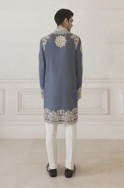 Steel Grey- Blue Two Tone Spun Silk Kurta Set