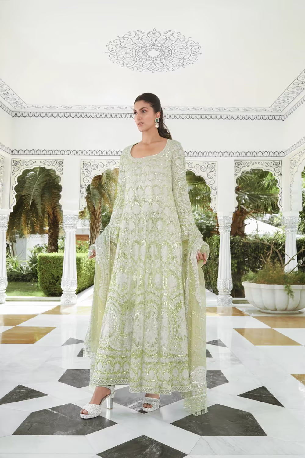 Mint Green Tulle Kashmiri Kalidar Set