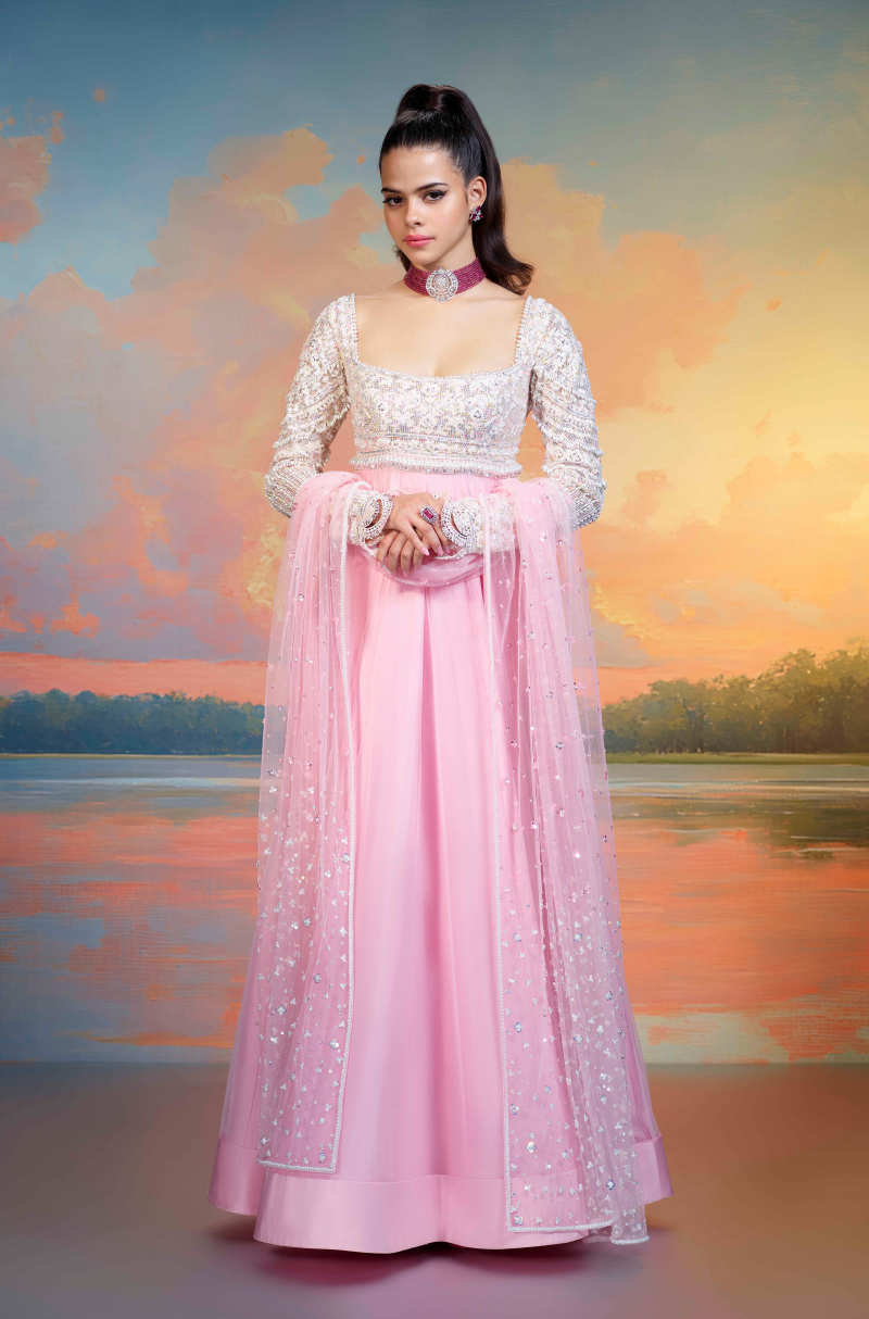 Pink Tulle Embroidered Kalidar Kurta Set