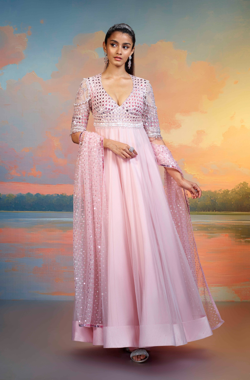 Pink Tulle Badla Embroidered Kalidar Kurta Set