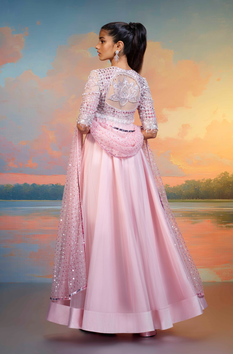 Pink Tulle Badla Embroidered Kalidar Kurta Set