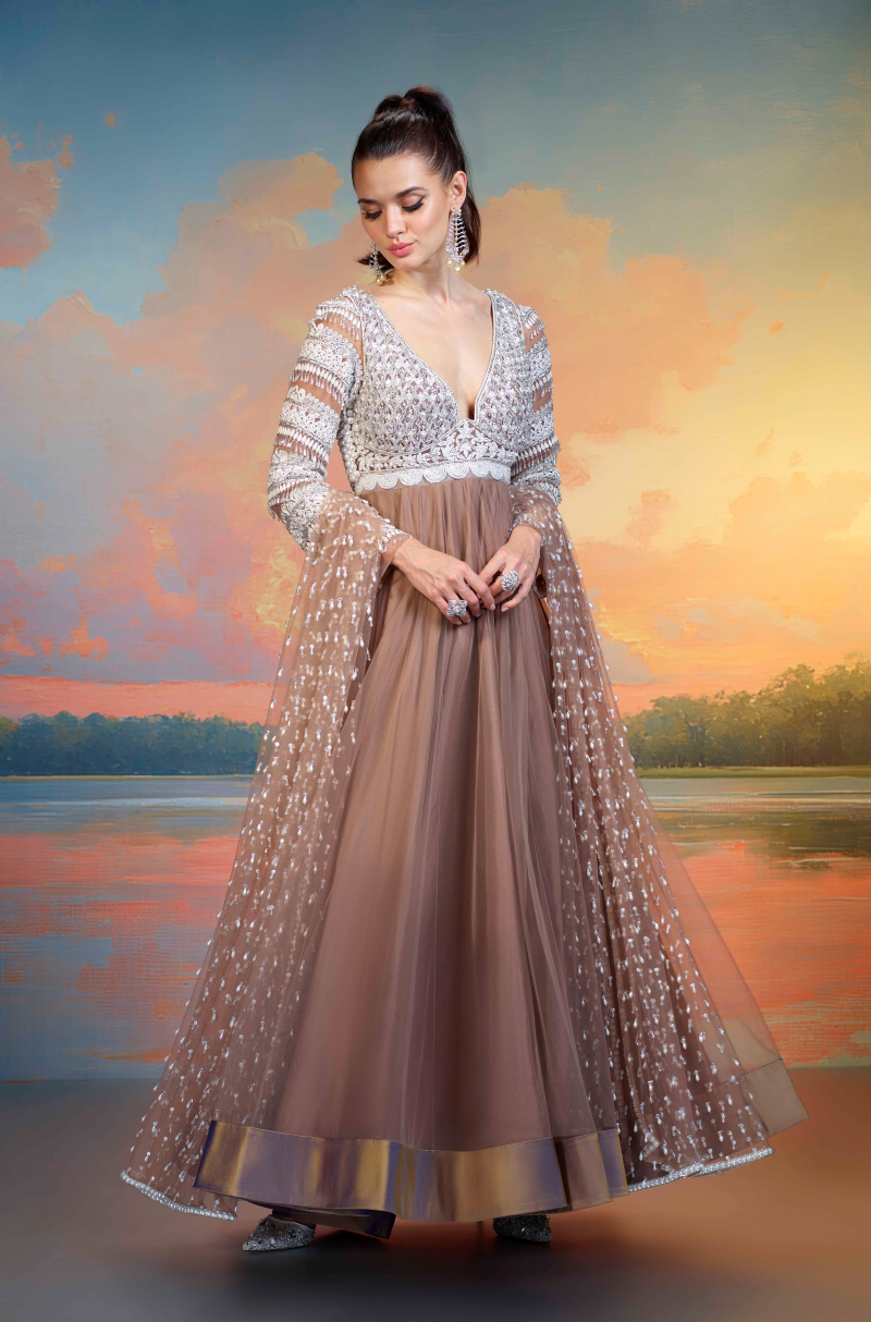 Nude Tulle Embroidered Kalidar Kurta Set