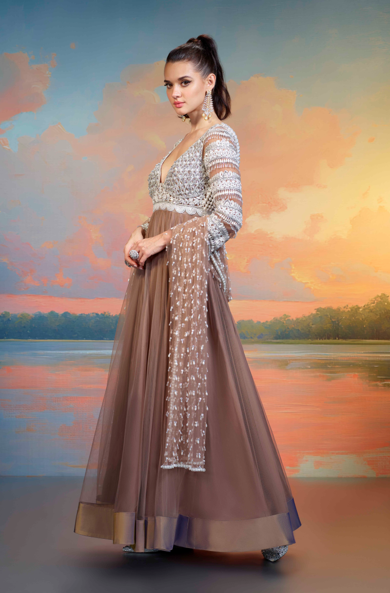 Oyster Tulle Embroidered Kalidar Kurta Set