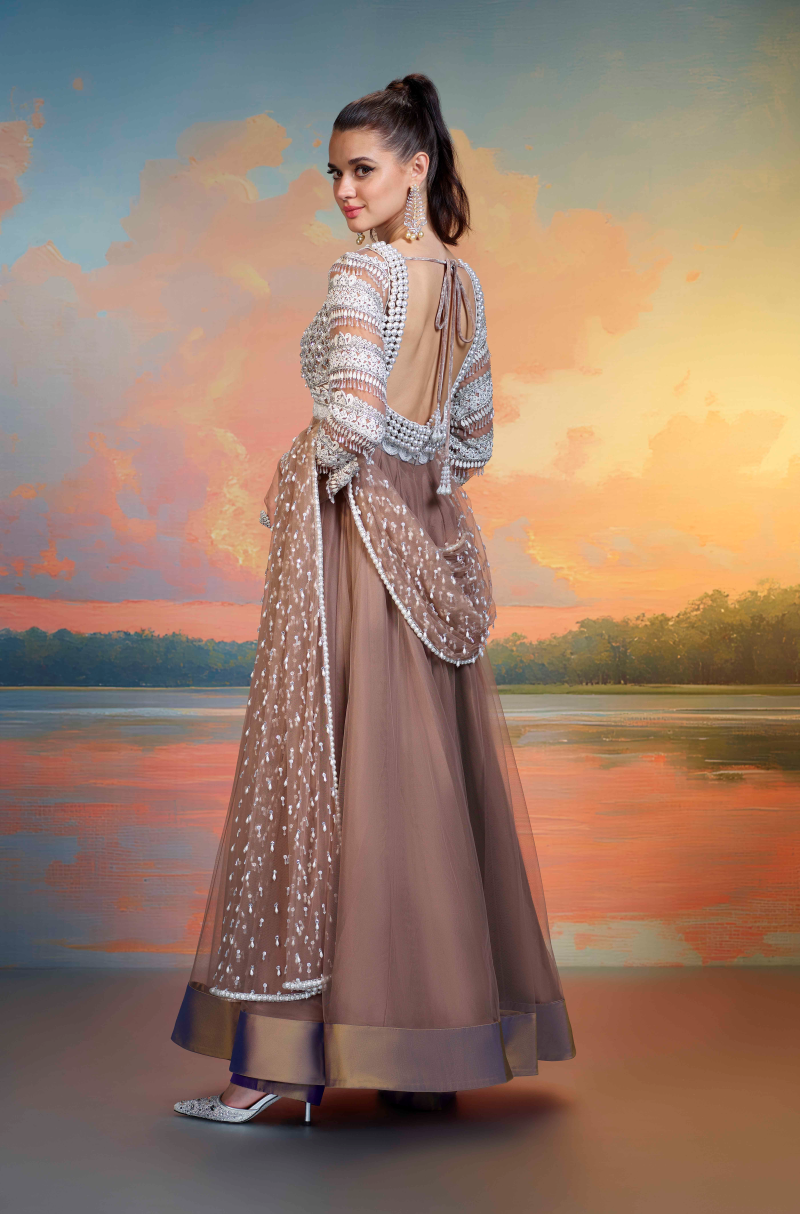 Oyster Tulle Embroidered Kalidar Kurta Set