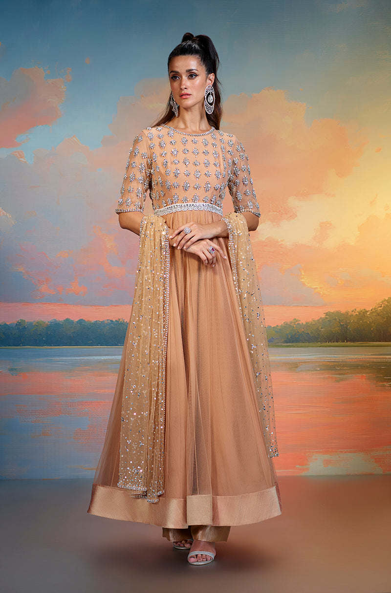 Nude Tulle Embroidered Kalidar Kurta Set