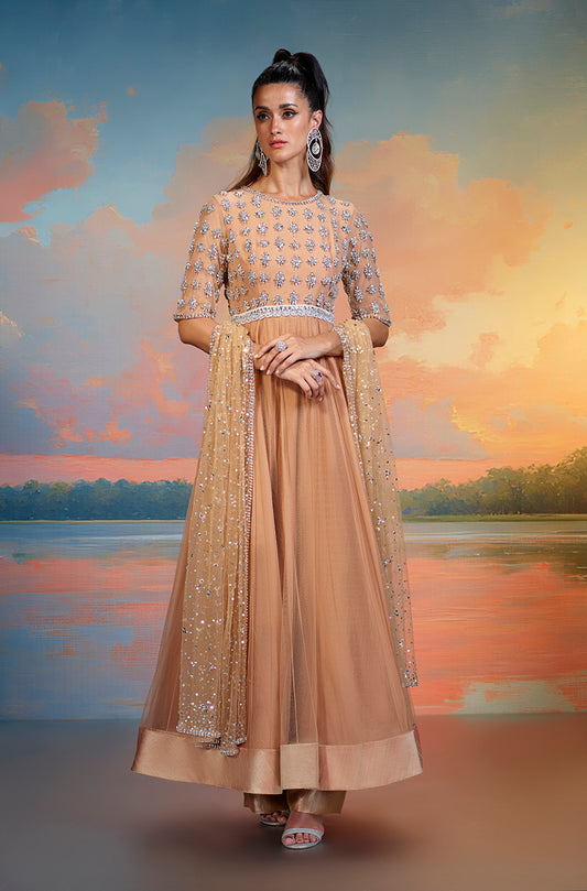 Nude Tulle Embroidered Kalidar Kurta Set