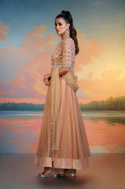 Nude Tulle Embroidered Kalidar Kurta Set