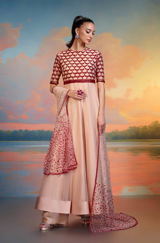 Nude Tulle Red Stone Embroidered Kalidar Kurta Set