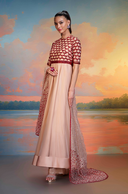 Nude Tulle Red Stone Embroidered Kalidar Kurta Set
