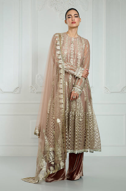 Soft Nude Kashmiri Embroidered Long Kurta Set
