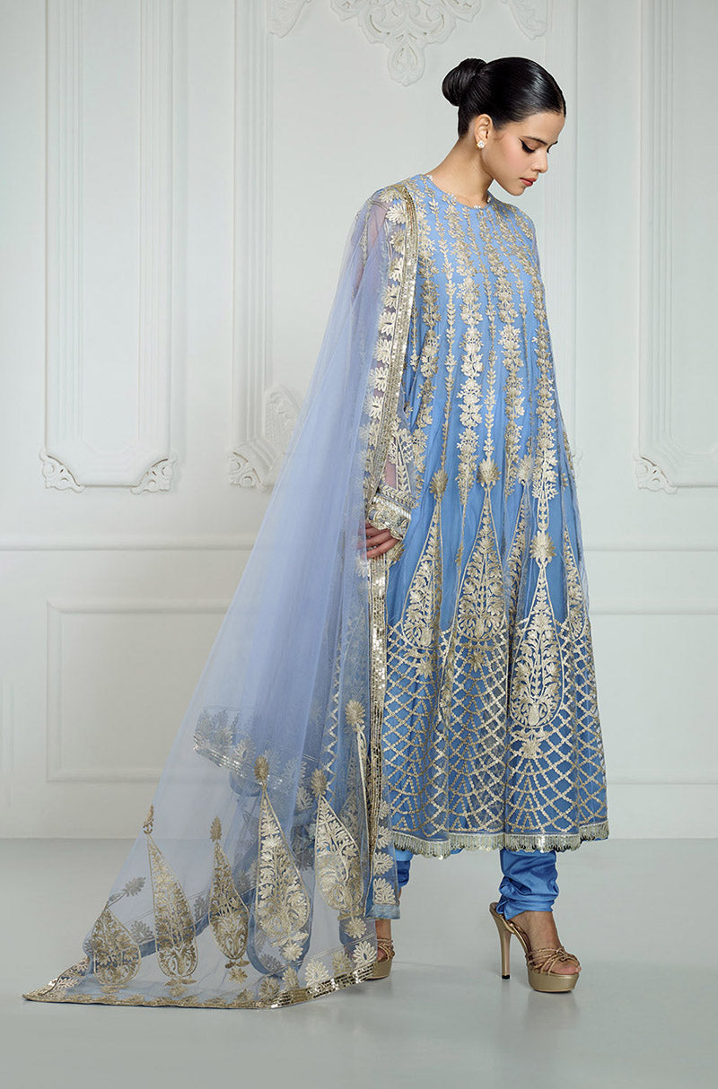Fresh Blue Kashmiri Embroidered Long Kurta Set
