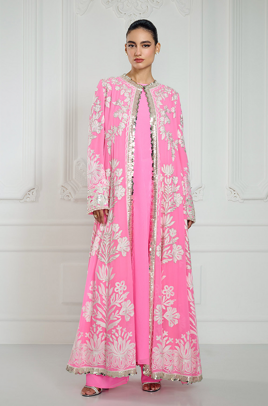 Bright Pink Kashmiri Embroidered Long Jacket Set