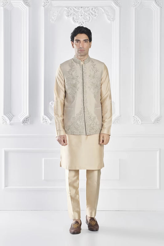 Fawn Embroidered Bundi Kurta Set