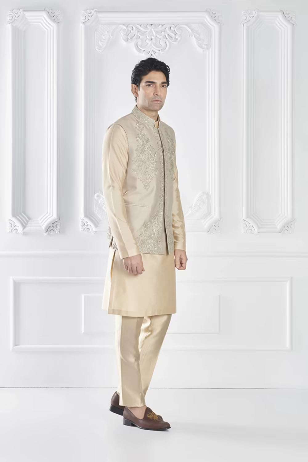 Fawn Embroidered Bundi Kurta Set