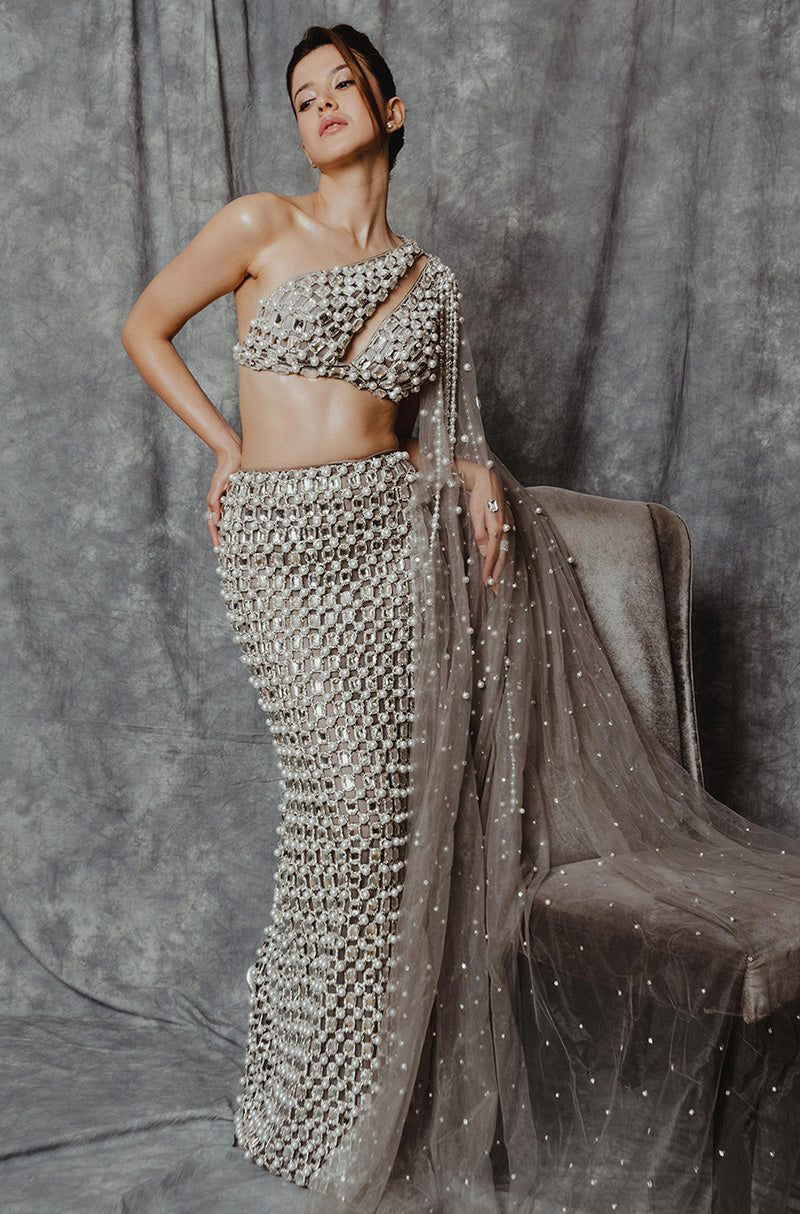 Shanaya Kapoor in our Grey Net Cutwork Fitted Skirt Set