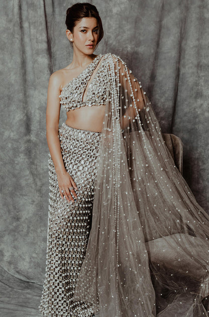 Shanaya Kapoor in our Grey Net Cutwork Fitted Skirt Set