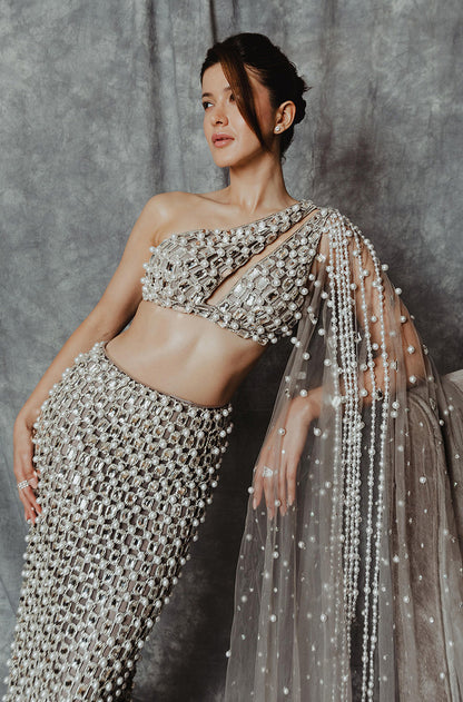 Shanaya Kapoor in our Grey Net Cutwork Fitted Skirt Set