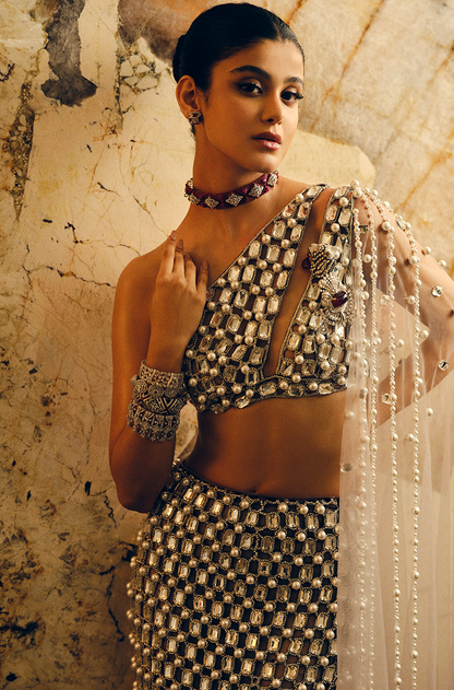 Grey Net Cutwork Skirt Set