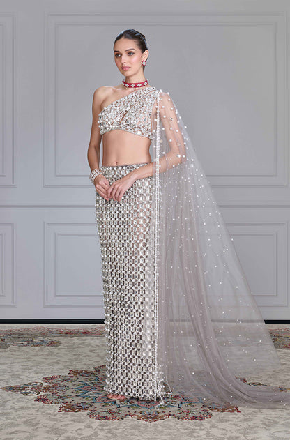 Grey Net Cutwork Skirt Set