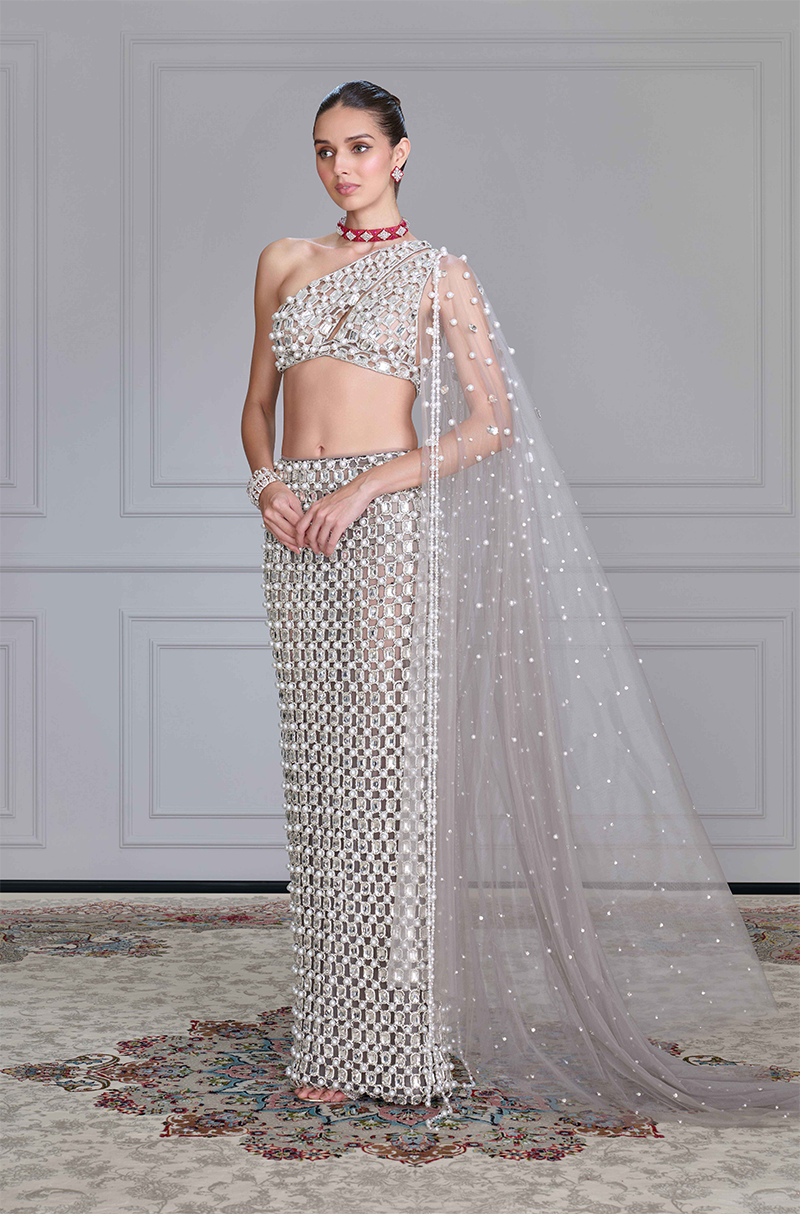 Grey Net Cutwork Skirt Set