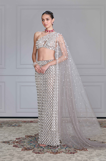 Grey Net Cutwork Skirt Set