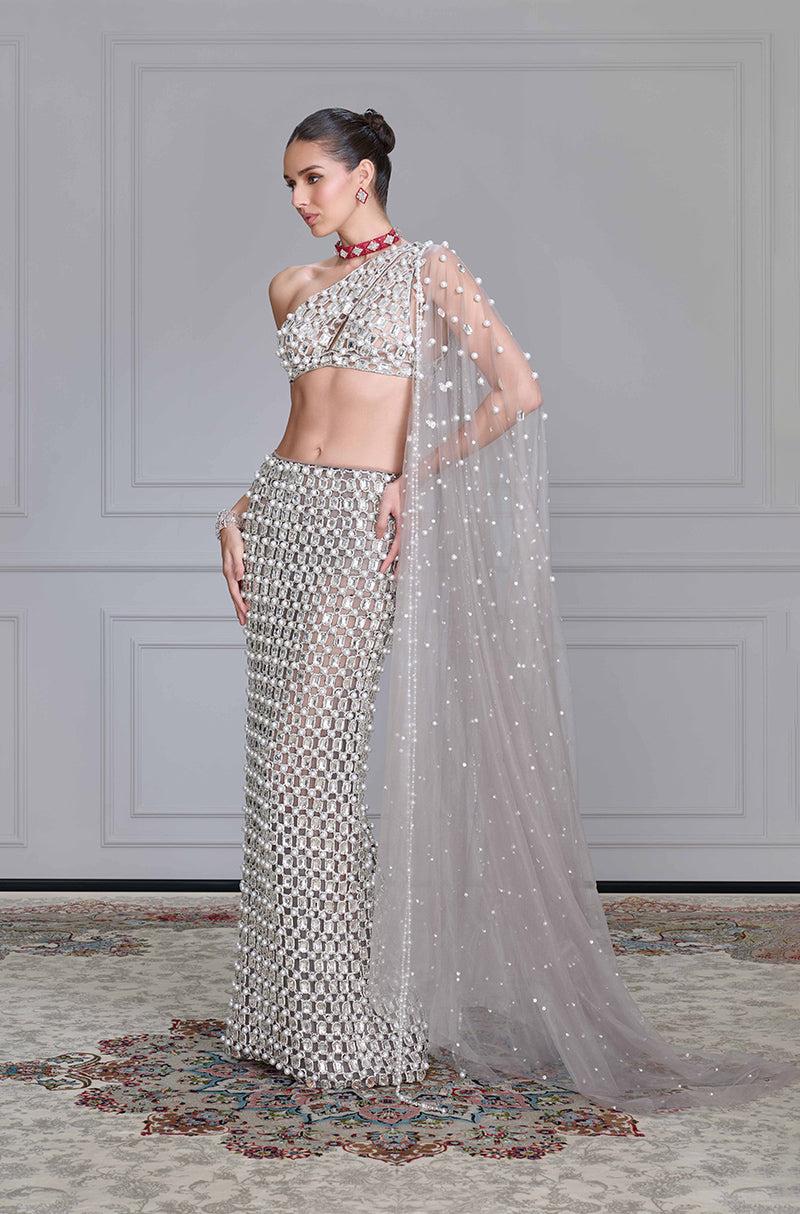 Grey Net Cutwork Skirt Set