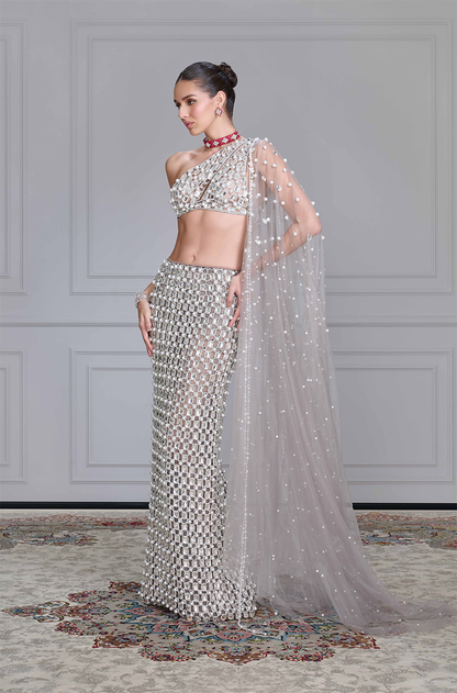 Grey Net Cutwork Skirt Set