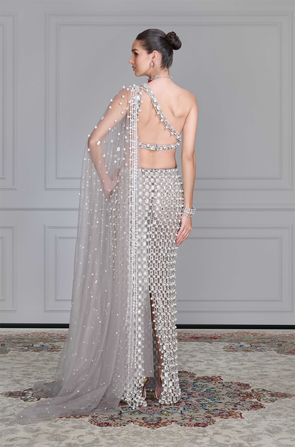 Grey Net Cutwork Skirt Set