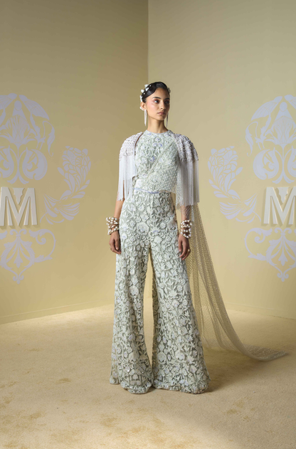 Moss Green with Ivory Kashmiri Embroidered Jumpsuit