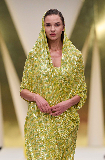 Yellow & Lime Green Sequin Off Shoulder Gown