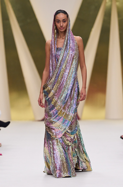 Multicoloured Striped Sequin Off Shoulder Gown