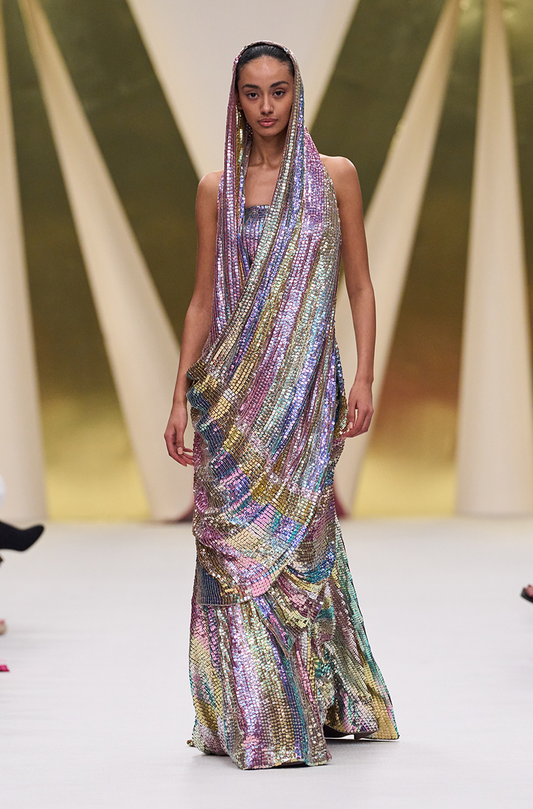 Multicoloured Striped Sequin Off Shoulder Gown