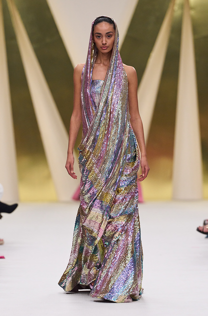 Multicoloured Striped Sequin Off Shoulder Gown