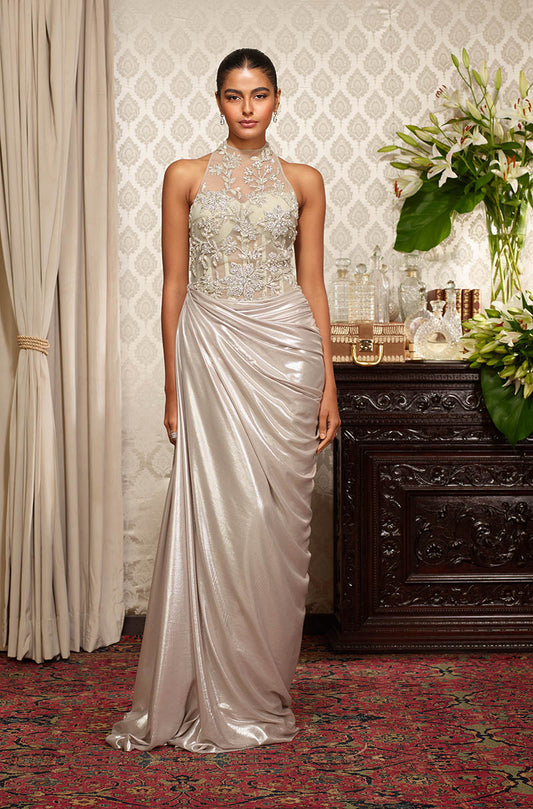 Silver Floral Embroidered Drape Gown