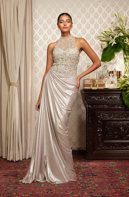 Silver Floral Embroidered Drape Gown