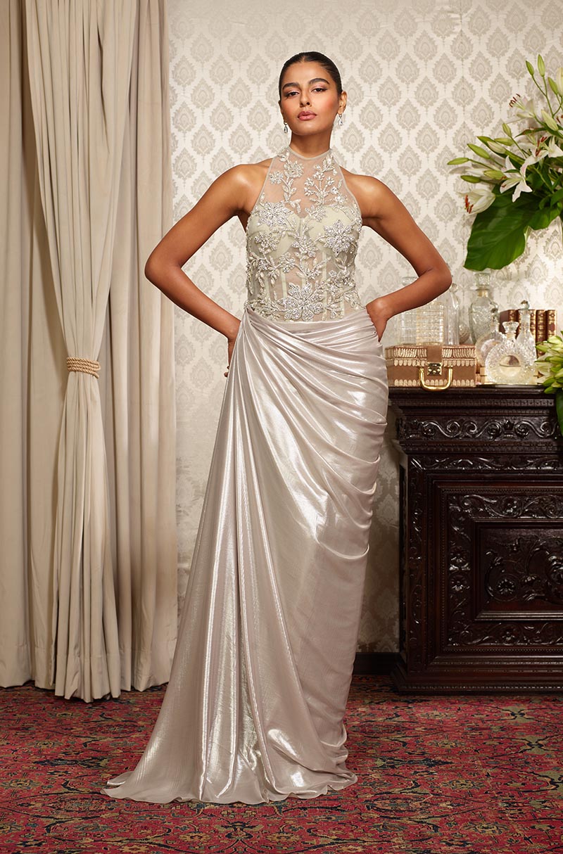 Silver Floral Embroidered Drape Gown