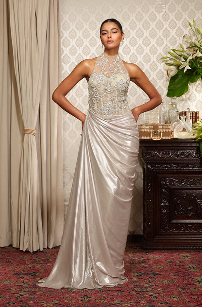 Silver Floral Embroidered Drape Gown