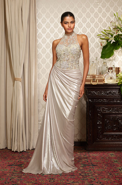 Silver Floral Embroidered Drape Gown