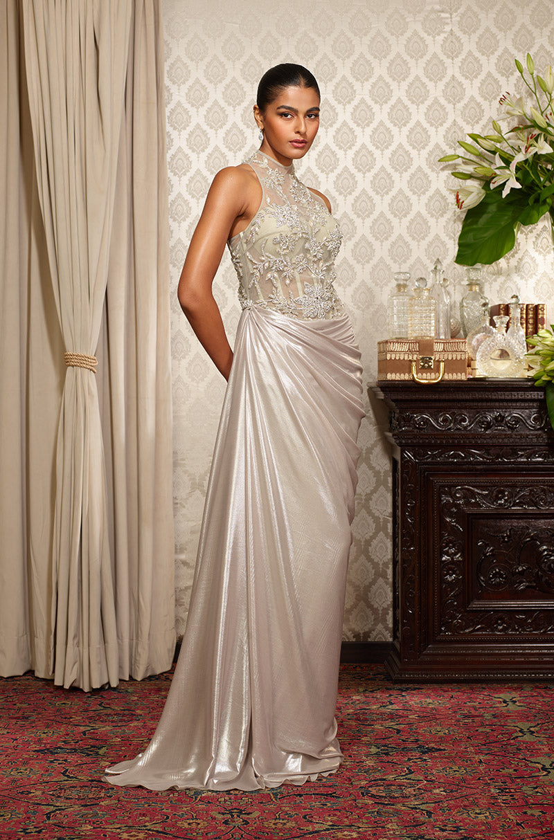 Silver Floral Embroidered Drape Gown