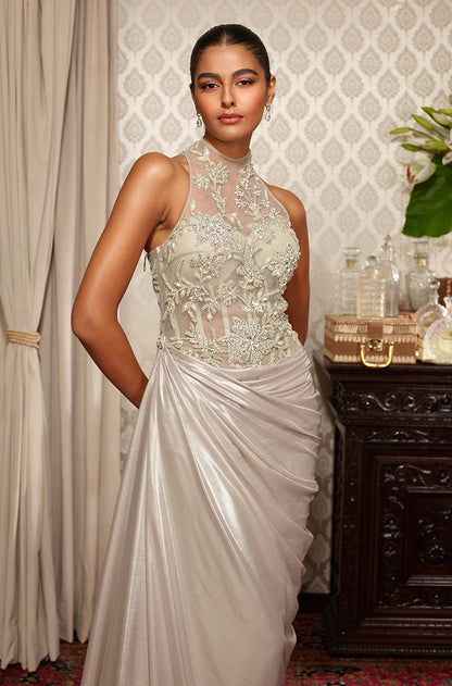 Silver Floral Embroidered Drape Gown