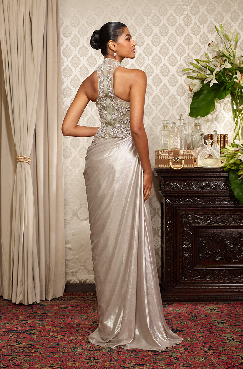 Silver Floral Embroidered Drape Gown