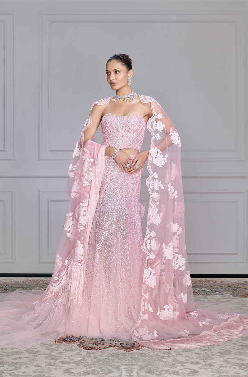 Pink Tulle Pearl & Sequin Embroidered Skirt Set