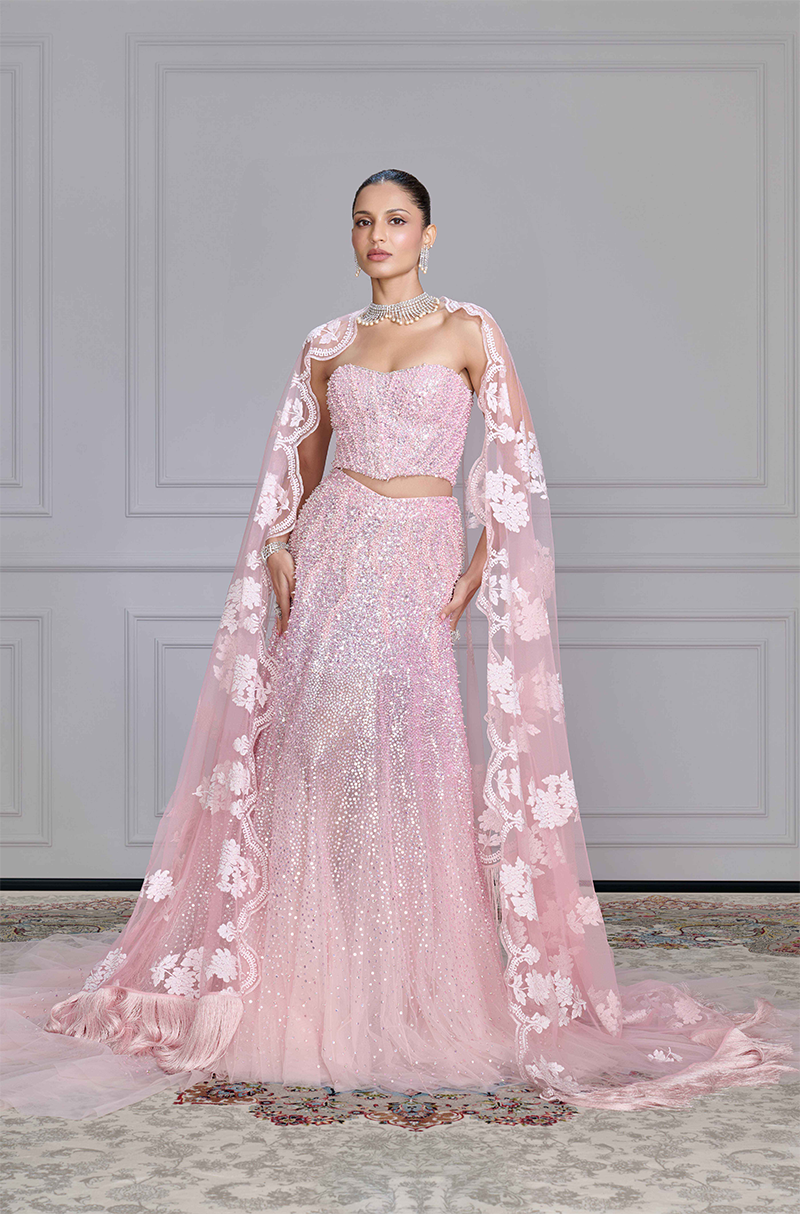 Pink Tulle Pearl & Sequin Embroidered Skirt Set